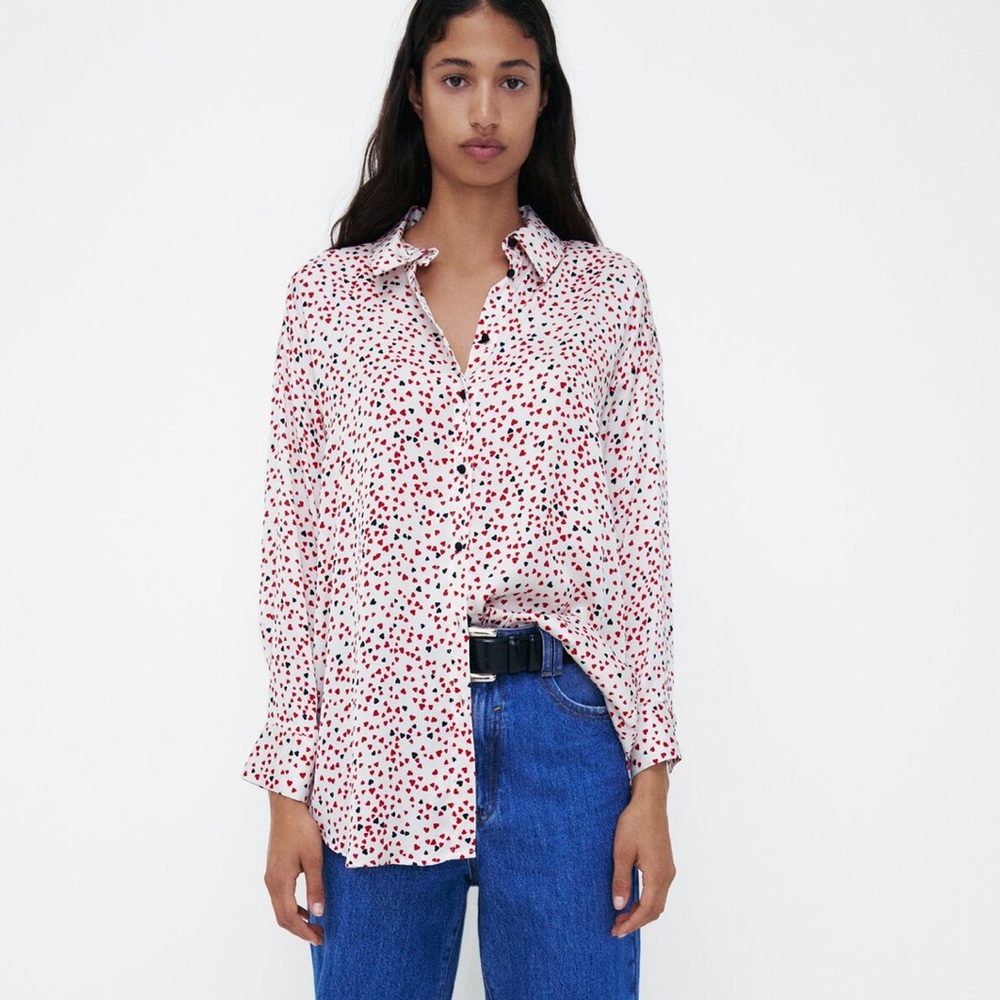 Zara satin heart print long sleeve relaxed fit button down shirt